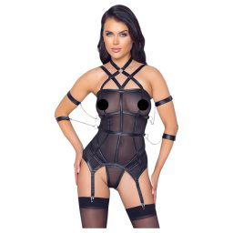 Cottelli Bondage - top z paskami, kajdanki i stringi (czarny)