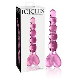 Icicles No. 43 - szklany dildo z perełkami i sercem - różowy