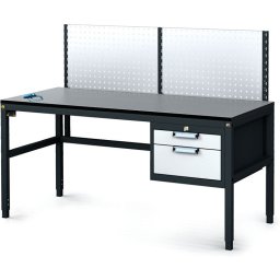 Alfa 3 Antystatyczny stół warsztatowy ESD z panelem perforowanym, 2 skrzynki szufladowe na narzędzia, 1600 x 800 x 745-985 mm