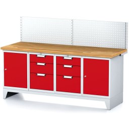 Alfa 3 Stół warsztatowy MECHANIC z panelem perforowanym, 2000x685x880 mm, 2x 3 szufladowy kontener, 2x szafka, szara/czerwona