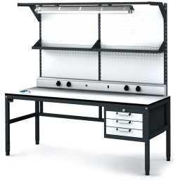 Alfa 3 Antystatyczny stół warsztatowy ESD, panel perforowany, półka, oświetlenie, 3 skrzynki szufladowe na narzędzia, 1800 x 800 x 745-985 mm