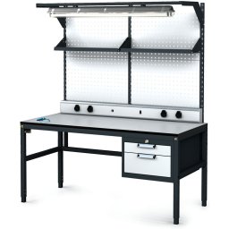 Alfa 3 Antystatyczny stół warsztatowy ESD, panel perforowany, półki, oświetlenie, 2 skrzynki szufladowe na narzędzia, 1600 x 800 x 745-985 mm