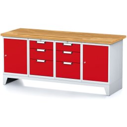 Alfa 3 Stół warsztatowy MECHANIC I, 2 szafki i 2x 3-szufladowa skrzynka narzędziowa, 6 szuflad, 2000x685x880 mm, drzwi czerwone