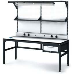 Alfa 3 Antystatyczny stół warsztatowy ESD, panel perforowany, półka, oświetlenie, 1 skrzynka szufladowa na narzędzia, 1800 x 800 x 745-985 mm