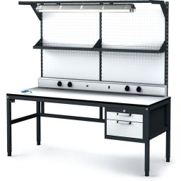 Alfa 3 Antystatyczny stół warsztatowy ESD, panel perforowany, półka, oświetlenie, 2 skrzynki szufladowe na narzędzia, 1800 x 800 x 745-985 mm