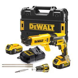DeWALT Narzędzia - 18V wkrętarka do płyt g-k z podajnikiem wkrętów i akcesoriami, 2x akumulator 5,0 Ah XR, ładowarka DCF620P2K