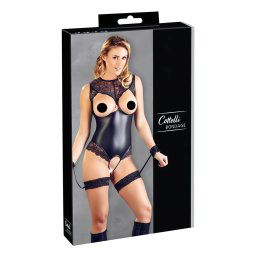 Cottelli Bondage - błyszczące otwarte body i kajdanki (czarne) - M