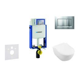 Geberit Kombifix - Moduł do wiszącej toalety z przyciskiem Sigma20, chrom matowy/chrom + Villeroy Boch - toaleta i deska sedesowa, DirectFlush, SoftClose, CeramicPlus 110.302.00.5 NI7