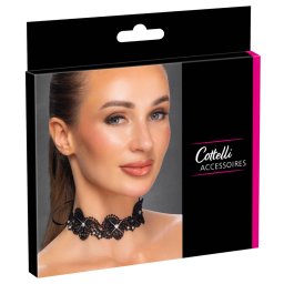 Cottelli - choker koronkowy z perełkami - czarny