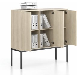 B2B Partner Szafa biurowa FRAME, niska, czarna podstawa, 3x drzwi, 1299 x 450 x 1331 mm, PUSH-lock, dąb naturalny
