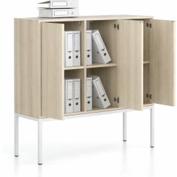 B2B Partner Szafa biurowa FRAME, niska, podstawa biała, 3x drzwi, 1299 x 450 x 1331 mm, PUSH-lock, dąb naturalny
