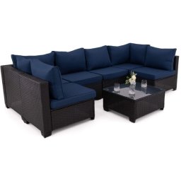 MebleMWM Zestaw Mebli Ogrodowych Z Technorattanu Alvani Hk Czarny Navy Blue Poduszki