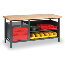 B2B Partner Warsztatowy stół roboczy GD, bukowa deska warstwowa, 3 szuflady, 1 półka, 1700 x 685 x 850 mm, grafitowy / czerwony