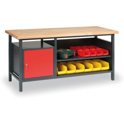 B2B Partner Warsztatowy stół roboczy GD, bukowa deska warstwowa, 1 szafka, 1 półka, 1700 x 685 x 850 mm, grafitowy / czerwony