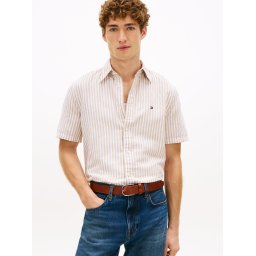 Tommy Hilfiger Męska koszula z krótkim rękawem z lnu Mężczyźni Regular Fit Bawełna brązowy, S