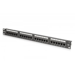 Digitus Panel krosowy (patch panel) 19'' 24x RJ45, LSA pion, kat.6, nieekranowany, 1U, prowadnica kabli, pola opisowe, Czarny