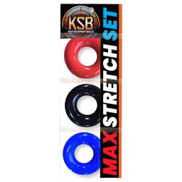 Kiotos Max-Stretch - zestaw rozciągliwych pierścieni na penisa (czarny/czerwony/niebieski)