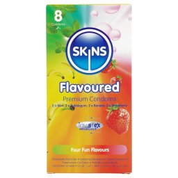 Skins - prezerwatywy smakowe - mięta, guma do żucia, banan, truskawka (8 szt.)