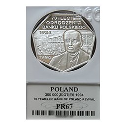 300 000 zł 1994 70-Lecie Odrodzenia Banku Polskiego - Grading PR67