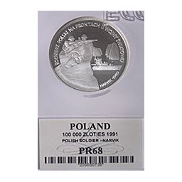 100 000 zł 1991 Żołnierz Polski na Frontach II Wojny Światowej - Narvik - Grading PR68