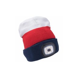 Touca com lanterna frontal recarregável por USB — bateria 300 mAh, branco/vermelho/azul, tamanho único