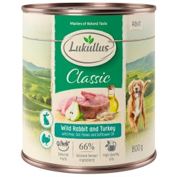 6x800g Coelho bravo e peru Adult Lukullus comida húmida para cães