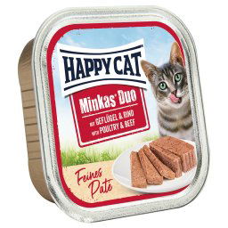 16x100g aves e vaca paté Minkas Duo Happy Cat comida húmida gatos
