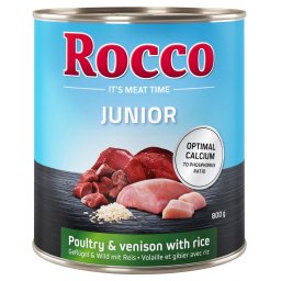 6x800g Aves com veado e arroz Rocco Junior comida húmida cães