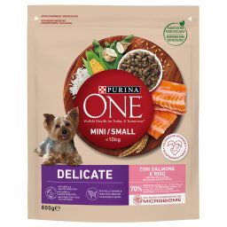 5x800g salmão e arroz Mini Delicate Purina ONE ração cães