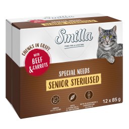 12x85g Vaca e cenouras Senior Sterilised Pedaços em molho Smilla comida húmida gatos