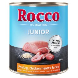 6x800g Aves com coração de frango e arroz Rocco Junior comida húmida cães