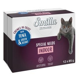 24x85g Indoor com atum e feijão verde Pedaços Smilla comida húmida para gatos