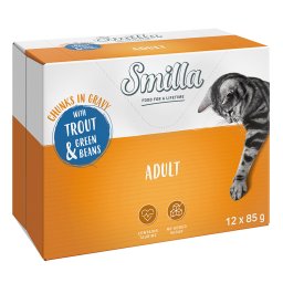 24x85g Adult com truta e feijão verde Pedaços Smilla comida húmida para gatos