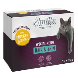 24x85g Hair & Skin com frango e cenouras Pedaços Smilla comida húmida para gatos