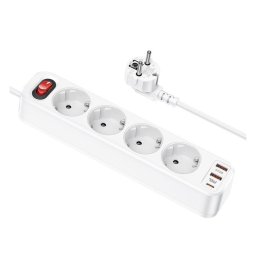 Extensão de 4 Tomadas e 2 Portas USB-A + 1 Porta USB-C 3A 20W HOCO Branco