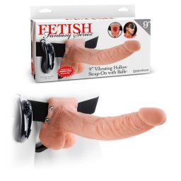 Strap On Fetish Fantasy Oco C/ Vibração e Testículos 9" Branco
