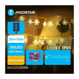 Aigostar - Cordão de luzes solar LED, 50 LEDs / 8 funções, 12 m, IP65, branco quente