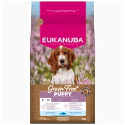 3kg Grain Free Puppy Small Medium Peixe Eukanuba ração para cães