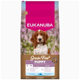 12kg Grain Free Puppy Small Medium Peixe Eukanuba ração para cães