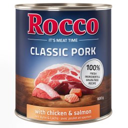 6x800g rango e salmão Pork Rocco Classic comida húmida para cães