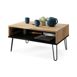 Mesa de centro HALIJA com tampo elevatório e prateleira carvalho craft/preto