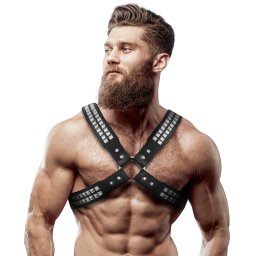 FETISH SUBMISSIVE ATTITUDE - ARNÊS DE COURO ECOLÓGICO COM PEITO CRUZADO E REBITES PARA HOMENS