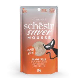 12x80g salmão e frango Silver Mousse Schesir saquetas para gatos