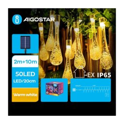 Aigostar - Fio solar LED 50 LEDs, 8 funções, 12m, IP65, branco quente