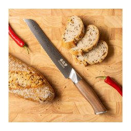 Gudaro - Faca de pão em aço damasco TAKUMI 8", comprimento 20 cm, cabo de nogueira