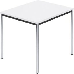 kaiserkraft Mesa retangular, tubo redondo cromado, LxP 800 x 800 mm, branco, Mesa retangular, tubo redondo cromado, LxP 800 x 800 mm, branco. Tampo da mesa com 25 mm de espessura. Pernas em tubo redondo cromado. Caixilho em aço maciço, preto. Sapatas regu