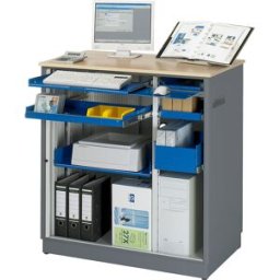 RAU Posto de trabalho com computador , AxLxP 1100 x 1030 x 660 mm, antracite metalizado/azul genciana, Posto de trabalho com computador, AxLxP 1100 x 1030 x 660 mm, antracite metalizado/azul genciana. Placa decorativa em faia com passagem para cabos. Incl