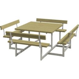 kaiserkraft Conjunto de bancos e mesa para 8 pessoas, madeira de coníferas, CxP 2240 x 2240 mm, natural, com encosto, Conjunto de bancos e mesa para 8 pessoas, madeira de coníferas, CxP 2240 x 2240 mm, natural, com encosto. Mesa e bancos numa unidade. Par
