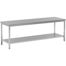 eurokraft basic Mesa de trabalho em aço inoxidável , 1 prateleira completa, largura 2400 mm, Mesa de trabalho em aço inoxidável, 1 prateleira completa, largura 2400 mm. Para áreas onde é essencial manter a higiene, como câmaras frigoríficas. Versão durado