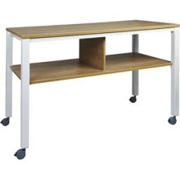 kaiserkraft Mesa multifuncional E2008, móvel, armação em branco, tampo em imitação de carvalho, Mesa multifuncional E2008, móvel, armação em branco, tampo em imitação de carvalho. Tampo da mesa resistente. Depósitos práticos. Armação robusta em aço. Rodas